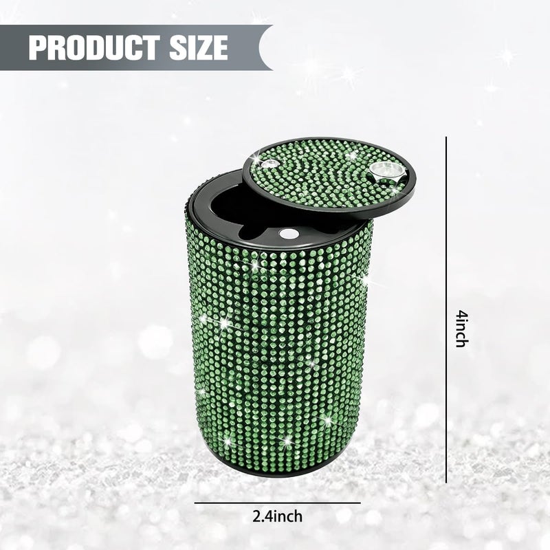 FALVFUN Bling Car Ashtray, Rhinestones Smokeless Smell Proof Vehicle Cup Holder Ash Tray with Lid, Sparkling Diamond Portable Automotive Interior Ashtray, Universal for SUV RV Truck (Green) - Image 1